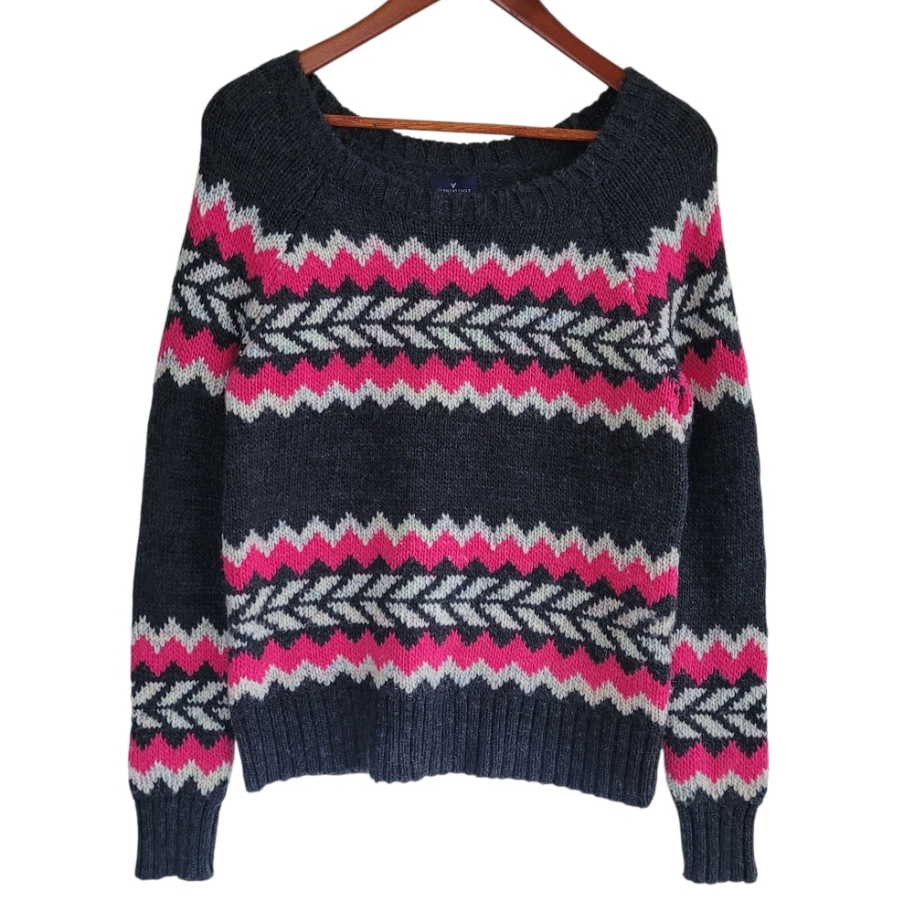 American Eagle Fair Isle Crew Neck Sweater Black Pink Womens Small